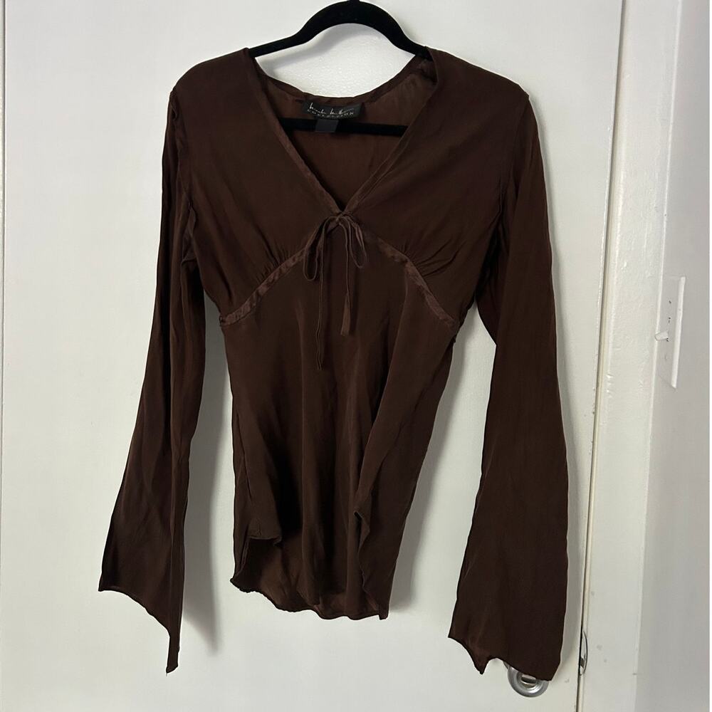 Vintage Nicole Miller 100% Silk Flare Sleeve Babydoll Chocolate Brown Bow Top